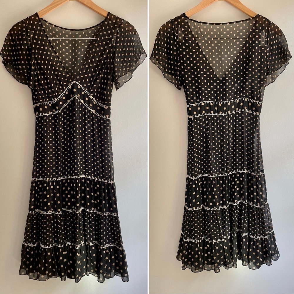 Silk BCBGMaxAzria Peasant Midi Dress Tiered, Ruffle Sleeve, Black Polka Dot